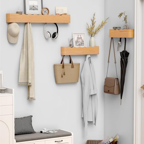 Coat Rack Wall Mount with Hidden Hooks, Wall Hooks with Shelf, Wall Key Holder Mount Wooden Shelf Entryway Hooks for Bedroom Bathroom for Hanging Coats Hats Bags Towels (Oak Wave-Shape, 5 Hooks) - Image 5