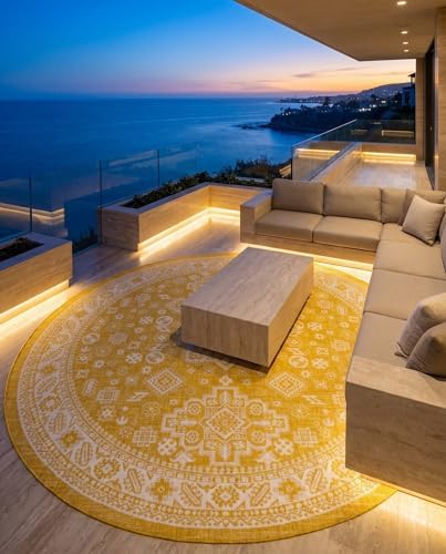 Rugs.com - Outdoor Aztec Rug – 10 Ft Round Yellow Washable Indoor/Outdoor Rug – Flatweave Tribal Design for Patios, Decks, and Porches - Image 6