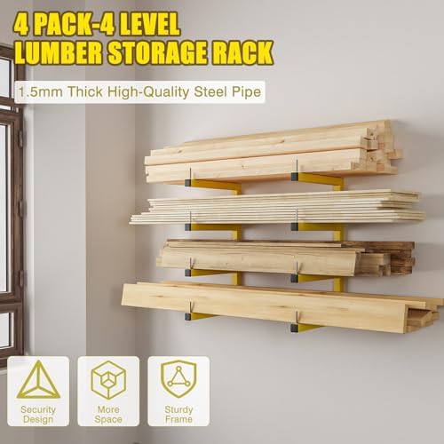 4-Pack Lumber Storage Rack, Wood Storage Racks Wall Mount, Heavy Duty Garage Wood Organizer with 8-Level System, Yellow Utility Rack Organization Up 1600 Lbs, Metal Lumber Shelf for Indoor & Outdoor - Image 2