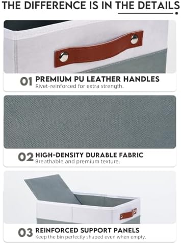 [6-Pack] Fabric Storage Bins (15x11x9.5 ) Reinforced 2.5mm Cardboard Shelf Bins with PU Leather Handles Durable Storage Baskets for Closet Organization, Toy Organizer, & Home Office White&Grey - Image 3