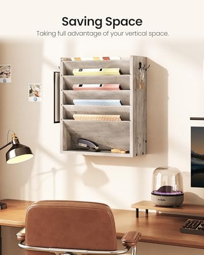 CHOEZON Wall File Organizer, 6-Tier Vertical Mount Hanging Holder with 2 Side Hooks, Modern Wooden Magazine Storage Holder with Bottom Tray, Desk Organizer, for Office, Home, Greige MWJ01FH - Image 2