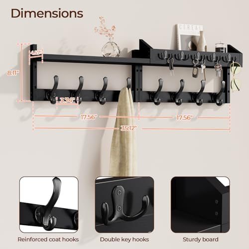 Evermagin 35" Coat Rack Wall Mount with Shelf & 13 Hooks, Entryway, Black - Image 2