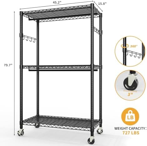 Rolling Wardrobe Rack 727LBS Heavy Duty Clothes Organizer Shelves - Image 3