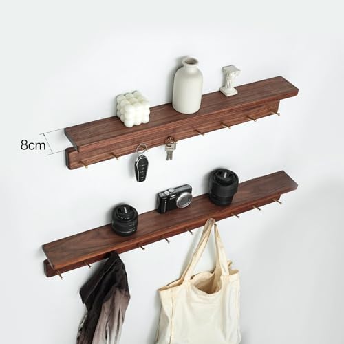 Walnut Wood Coat Rack with Shelf, Wall Mounted Rack with 10 Hooks - Image 5