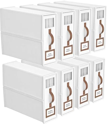 8 Pack Bed Sheets Organizers And Storage,Sheets Set Folder Keeper with Handle,Foldable Bedding Storage Box For Linen Closet,Duvet Cover(King Size-3.7 Gal,White) by BigPonPon