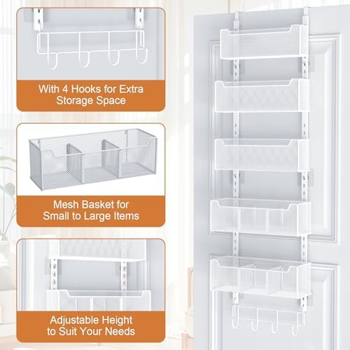 VyGrow Over The Door Organizer, Metal Door Organizer Hanging with 5 Adjustable Baskets and Coat Hook, Behind The Door Storage for Bedroom Closet Bathroom Pantry Cabinet Kitchen, White - Image 5