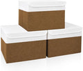 Large 17" 42 Quarts Collapsible Stackable Storage Bins with Lids [3-Pack] Foldable Fabric Linen Storage Boxes Cube, Closet Organizer Baskets with Label for Home (16.7 x 12 x 12", Brown & White) by Bagnizer