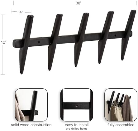 Kate and Laurel Eland Modern Five-Hook Wall Hanging Coat Rack; 30 x 4 x 12; Black; Decorative Wood Coat Rack Wall Mount for Use as Entryway Storage or Mudroom Hooks - Image 2