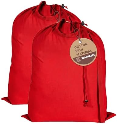 LFH Home Cotton Rich Large Premium Canvas Laundry Bag, Heavy Duty Washable Laundry Hamper with Drawstring & Handles, Multi-Use Clothes Storage for Home, Travel & College, 24"x36" (Pack of 2) - Red by LFHHomePrivateLimited