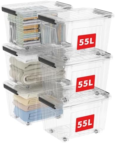 Cetomo 60Qt*6 Plastic Storage Bins, Storage Box, 6 Pack, Organizing Container with Wheels, Durable Lids and Secure Latching Buckles, Stackable and Nestable, Clear with Black Buckle by Cetomo