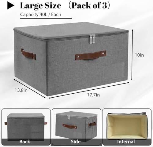 ANMINY Storage Box Fabric Bins with Zipper Lid, 17.7"x13.8"x10" Gray, 3PCS - Image 6