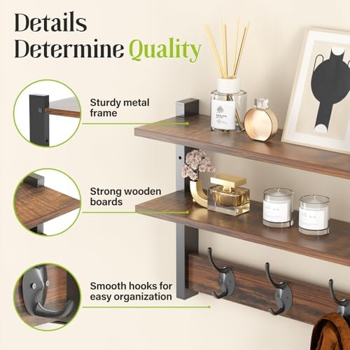 2 Tier Coat Rack Wall Mount with Shelf, 33" Wall Shelf with Hooks, Entryway Key Holder for Wall with 8 Heavy Duty Double Hooks, Coat Hook Wall Mounted for Bedroom, Living Room, Rustic Brown - Image 2