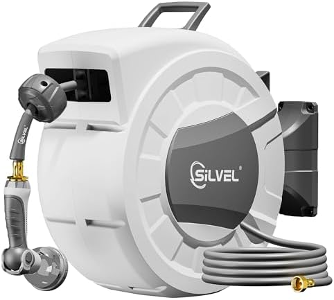 SILVEL Retractable Garden Hose Reel, 5/8 in x 75ft Wall Mount Heavy Duty Automatic Hose Reel with 10 Pattern Nozzle, Any Length Lock & Slow Return System, 180°Swivel Bracket Upgraded UV Resistant by SILVEL