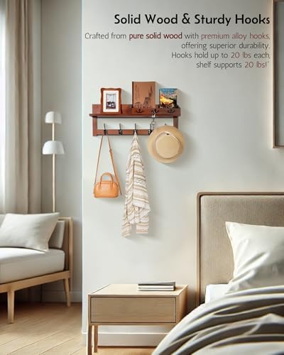 Coat Rack Wall Mount with Shelf, 26IN Wooden Coat Hanger Hooks Wall Mount with 8 Metal Hooks, Hanging Shelf with Hooks, Retro Walnut - Image 2