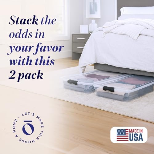HOMZ Under Bed Clear Plastic Storage Bin w/Lid, 60 Qt, Gray Latch, 2 Pack - Image 2