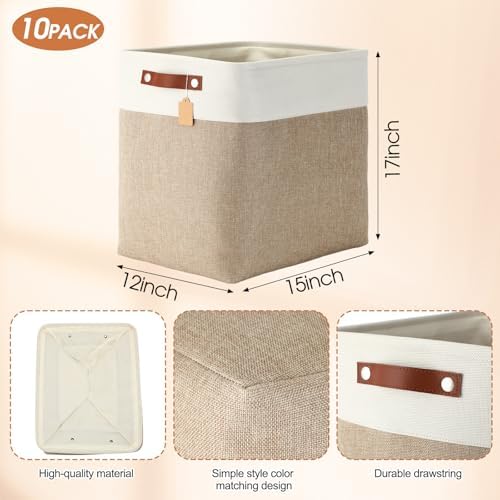 Uiifan 10 Pcs Collapsible Fabric Storage Baskets, 17 x 15 x 12 Inch, Beige - Image 2