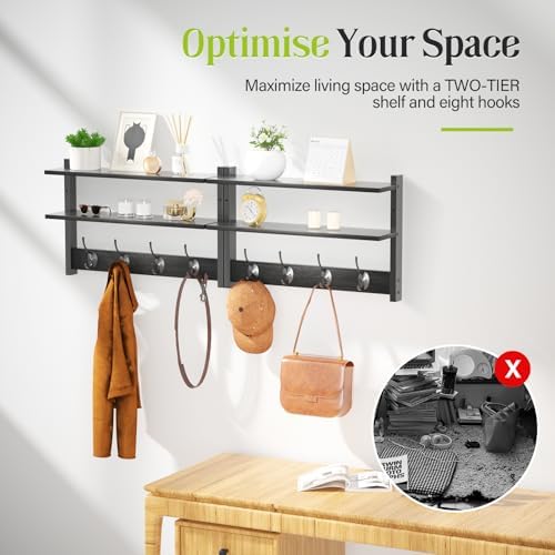 2 Tier Coat Rack Wall Mount with Shelf, 33" Wall Shelf with Hooks, Entryway Key Holder for Wall with 8 Heavy Duty Double Hooks, Coat Hook Wall Mounted for Bedroom, Living Room, Black - Image 4