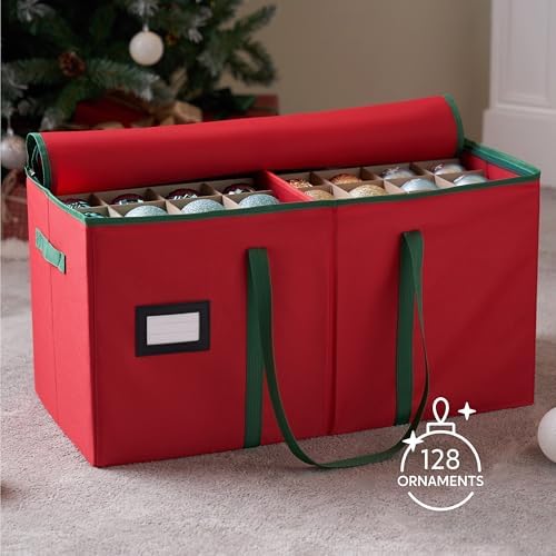 Joiedomi Christmas Ornament Storage Box with Adjustable Divider & Dual Zipper - Christmas Storage Container Store Up to 128 Holiday Ornaments 3 Inch - Holiday Decoration Organizer Two Handles Red - Image 2