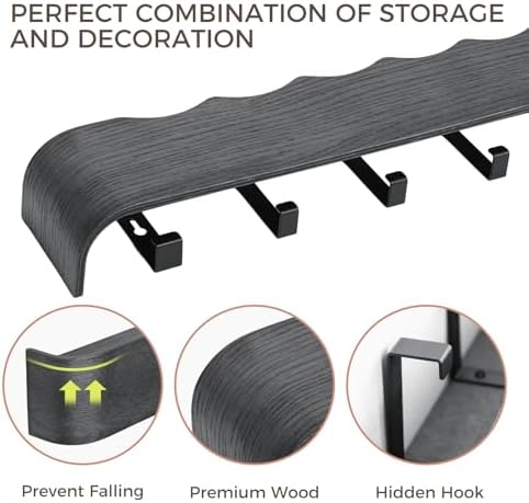 Coat Rack Wall Mount with Shelf Entryway Shelf Modern Key Holder Hanger Wall Shelves with Hidden Hooks for Hanging Towels Coats Hats Bags for Hallway Bathroom Bedroom(Wavy Black, 8 Hooks) - Image 5