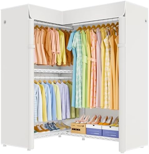 ULIFHOME E15C Garment Rack L Shaped Clothes Rack for Corner，Freestanding Clothing Racks for Hanging Clothes，Heavy Duty Closet Organizer 43.4"W x 15.8"D x 78.4"H，White Rack with White Dustproof Cover - Image 2