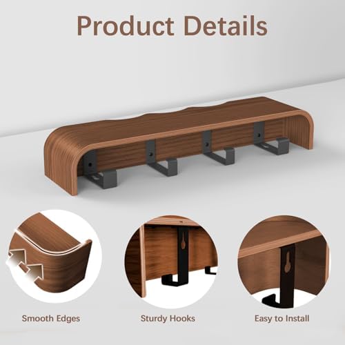 Coat Rack Wall Mount with Hidden Hooks, Wall Hooks with Shelf, Wall Key Holder Mount Wooden Shelf Entryway Hooks for Bedroom Bathroom for Hanging Coats Hats Bags Towels (Walnut Wave-Shape, 4 Hooks) - Image 3