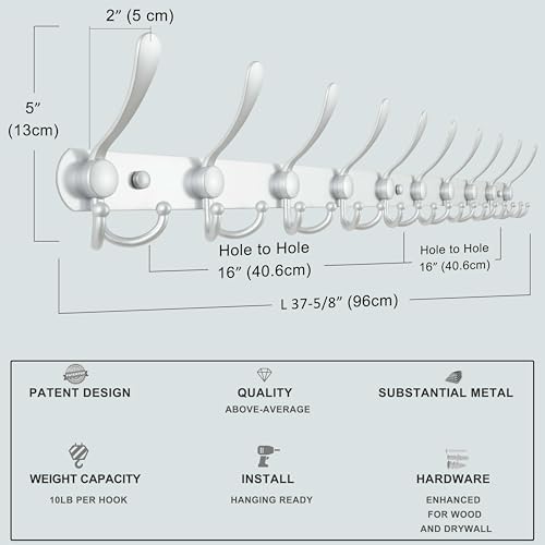 Dseap Coat Rack Wall Mount - 38” Long 10-Tri-Hooks Heavy Duty Coat Hanger Rail Wall Hooks for Hanging Coats Hats Clothing Clothes Purse Mudroom Entryway, Silver - Image 6