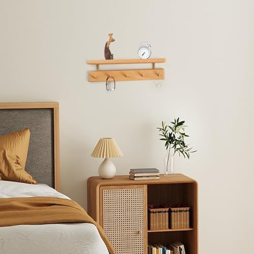 Solid Wood Shelf with Hooks, 15 inch Coat Rack Wall Mount, Shelves with 5 Brass Hooks for Hanging in Entryway, Living Room, Bathroom, Bedroom, Kitchen(Beechwood) - Image 5