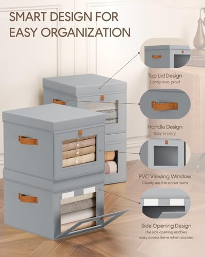 Homsorout Storage Bins with Lid – Closet Organizer with Side Opening and Clear Window, Foldable Stackable Fabric Basket for Clothes, Home, Office - 13.77" x 11.8" x 9.8", 5 Pack, Grey - Image 2