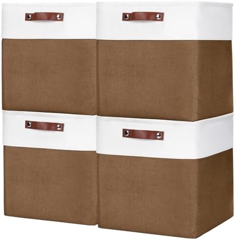 Bagnizer 13x13 Cube Storage Bins, Collapsible Fabric Storage Box, 4 Pack Closet Baskets with Handles for Organizing, Shelf, Toys, Clothes, Home, Office, Nursery (Brown&White) by Bagnizer