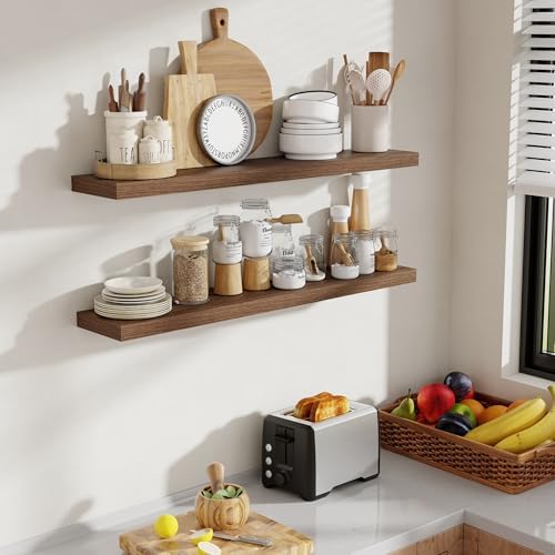 Acovy 40 Inch Floating Shelves, 8 Inch Deep Floating Shelves for Wall, Hanging Shelf with Invisible Brackets, Deep Shelves for Bathroom, Bedroom, Living Room, Walnut, Set of 2 - Image 2