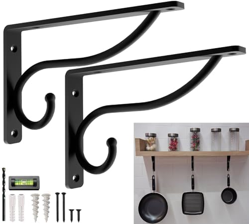 Closet Rod Bracket, 12 Inch Hook Shelf Brackets Heavy Duty Wall Mounted, Black Closet Rod Support Brackets for Curtains, Hanging Hook Kitchen, Garage Shelf Supports (2 Pack) (Black, 12 Inch) by BalinDesigns