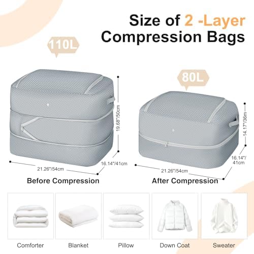 Comforter Storage Bag - 110L Large Capacity Blanket Storage Bags 2-Layer Ultra Space Saving Self Compression Organizer, Washable Compression Bags for Storage Comforter Blanket, 6-Pack, Grey - Image 2
