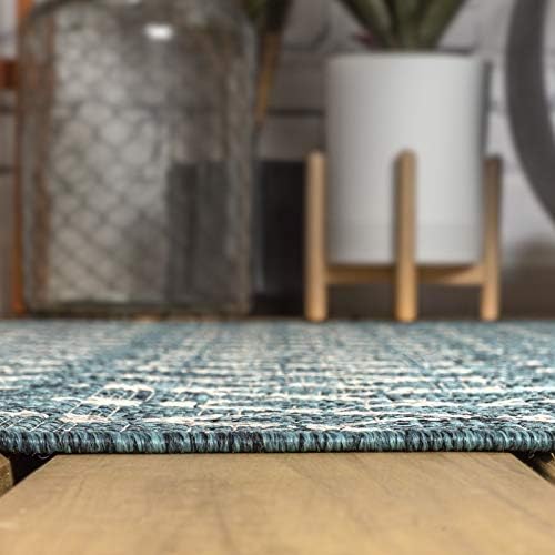 Eyely Moroccan Textured Weave Round Rug 4 Ft Teal/Gray, Indoor Outdoor Rug - Image 3