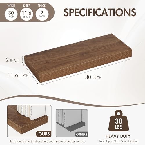 Acovy 30 Inch Floating Shelves, 12" Deep Floating Shelf Wall Mounted, 30" Wall Shelves, Rustic Deep Bookshelf, Extra Deeper & Thicker Display Shelves for Bedroom, Living Room, Walnut, Set of 2 - Image 4