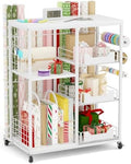 Wrapping Paper Organizer Storage with Wheels, Rolling Gift Wrap Cart with Ribbon and Gift Bag Storage, Craft Organization with 20 Roll Holders and 3 Drawers, White by HIDODO