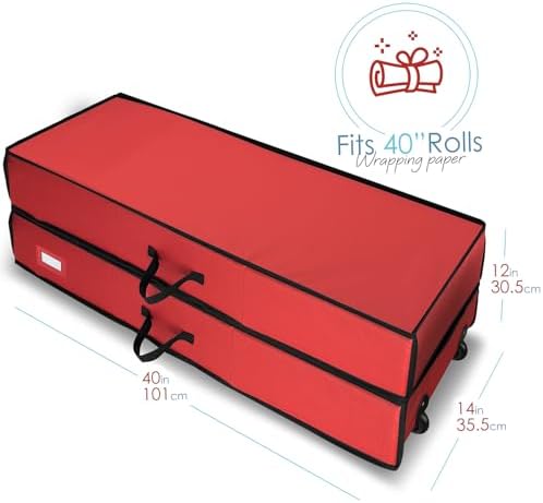 Hearth & Harbor Wrapping Paper Storage Container with Ribbon Dispenser and Interior Pockets - Large Christmas Storage Containers with Wheels, Fits 30 Rolls of 40" Length, Red - Image 7