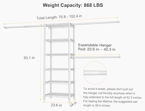 Ulif M5 Wall Mounted Clothes Garment Rack, Heavy Duty Closet Storage and Organizer with 6 Shelves and 3 Expandable Hanger Rods, Space Saver Suit (46.2-102.4)" W x 14" D x 83.1" H, White - Image 6