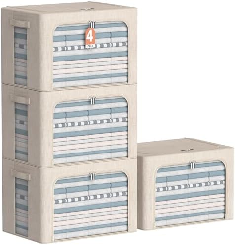 CYhom 4 Pack Clothes Storage Bins with Metal Frame - Linen Fabric Foldable Stackable Container Organizer Set with Clear Window & Carry Handles & Zippers (Beige, 23.6"x16.5"x15.7") by CYhom