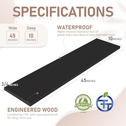 Kaboon 45 inch Long 10 inch Deep Floating Shelves for Wall Set of 2, Large Open Shelves Wall Mounted, Space Saving Home and Commercial Use, Black - Image 3