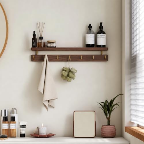 Walnut Wall Hooks with Shelf, Coat Rack Wall Mount, Entryway Hanging Shelf with 7 Brass Hooks for Hats, Clothes, Towels, Bags, Black Walnut Wood, Walnut - Image 6