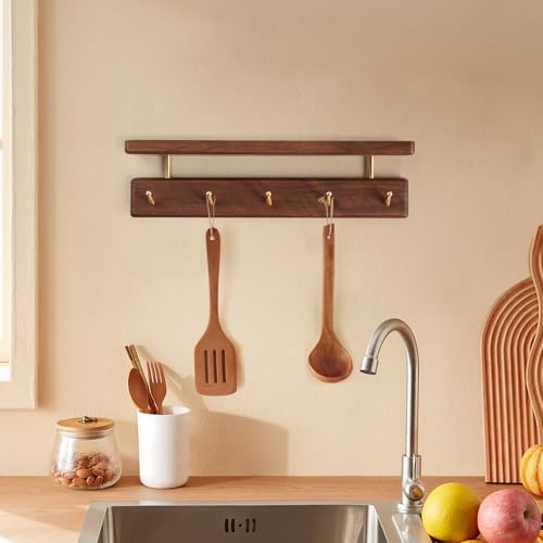 Solid Wood Shelf with Hooks, 15 inch Coat Rack Wall Mount, Shelves with 5 Brass Hooks for Hanging in Entryway, Living Room, Bathroom, Bedroom, Kitchen(Walnut) - Image 2