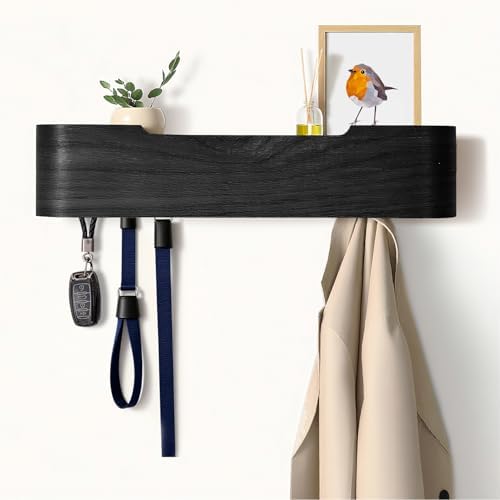 Coat Rack Wall Mount with Hidden Hooks, Wall Hooks with Shelf, Wall Key Holder Mount Wooden Shelf Entryway Hooks for Bedroom Bathroom for Hanging Coats Hats Bags Towels (Black, 5 Hooks) by Nevsokio