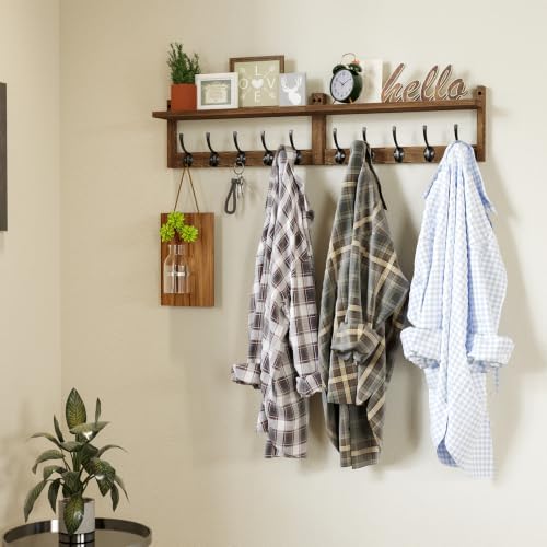 AMBIRD 34.2 inch Wooden Extra-Long Wall Hook Rack with Shelf - Versatile and Decorative Wall-Mounted Storage - 10 Hooks for Hanging Coats, Hats, Scarves - Ideal for Entryways, Bedrooms, Closets - Image 4