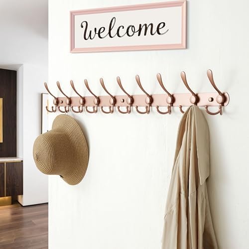 Dseap Coat Rack Wall Mount - 38” Long 10-Tri-Hooks Heavy Duty Coat Hanger Rail Wall Hooks for Hanging Coats Hats Clothing Clothes Purse Mudroom Entryway, Rose Gold, Pack of 2 - Image 3