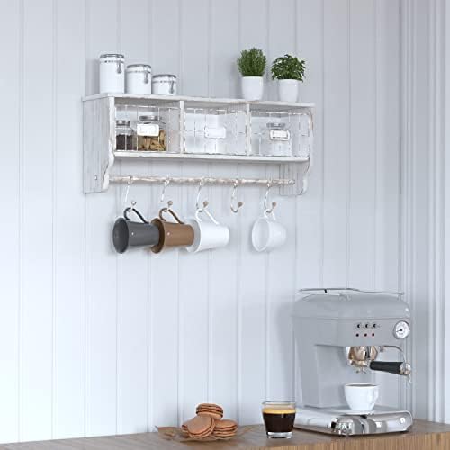 Merrick Lane Enid Wall Mount Storage Rack - Whitewashed Pine Wood - 24" Wide - Upper Shelf - 5 Hooks - Wire Baskets - For Entryway, Kitchen, Bathroom - Image 6
