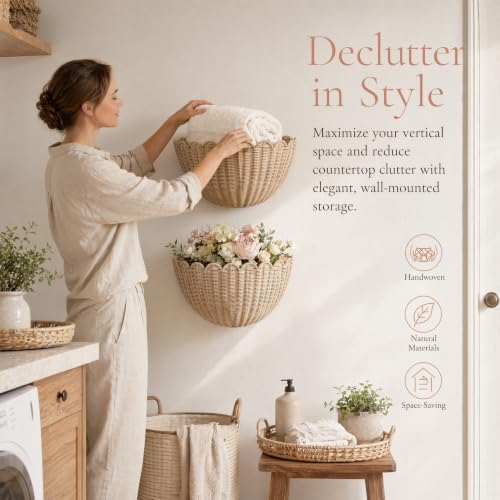 2pcs woven wall baskets,Natural rattan weaving,scalloped wall basket,hanging basket,16" x 10" x 7"In & 14" x 8" x 6"In - Image 7