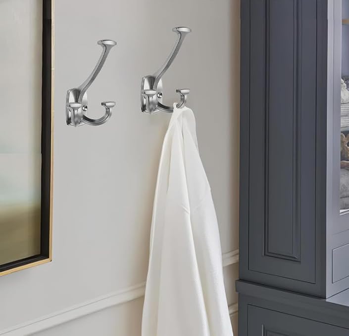 10 Pack Brushed Satin Nickel Hooks Large Wall Mounted Decorative Solid Heavy-Duty Double-Sided Coat Hooks Triple Coat Hook Towels Coats Robes Towels Bag Bathroom Three Prong Coat Hook - Image 4