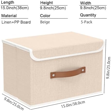 Yawinhe Fabric Storage Boxes with Lids,Beige,15.0x9.8x9.8in,5-Pack - Image 4