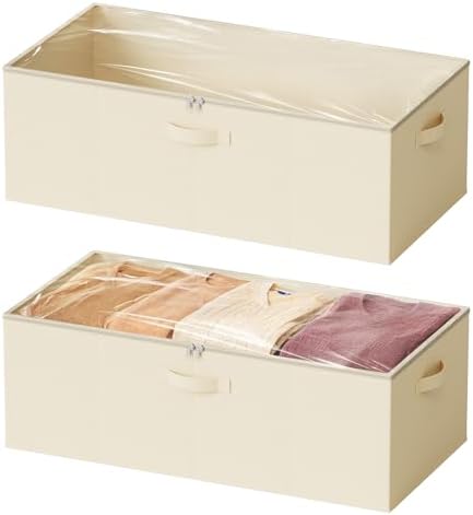 SpaceAid 2 Pack 10" High Under Bed Storage Containers, Large Underbed Storage Organizer Bins with Lids for Bedroom, Dorm, Clothes, Closet Organization, Bed Sheets and Blankets (Beige) by SpaceAid