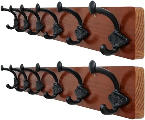 WEBI Rustic Coat Rack Wall Mount,24" Long 6 Cast Iron Coat Hooks Wall Mounted,Heavy Duty Farmhouse Wood Coat Hanger Wall Antique Vintage Hooks for Hanging Jacket,Clothes,Backpack,Cherry,2 Packs by WEBI